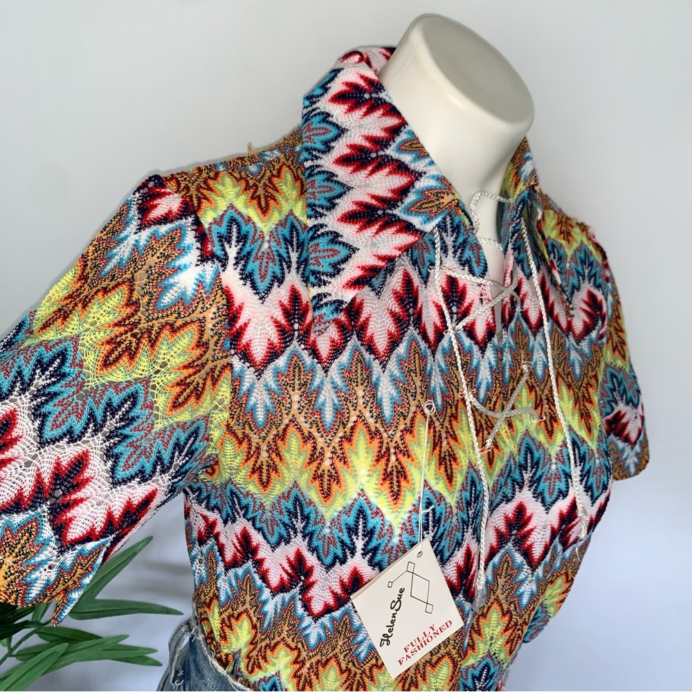 Deadstock 60s! Vintage Mod Dagger Collar Flame Crochet Knit Top - Picture 4 of 13